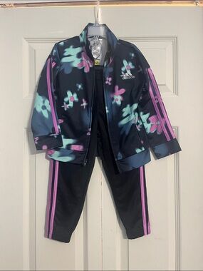adidas Kids Navy Floral Track Jacket & Pants Set - Pink & Teal Accents